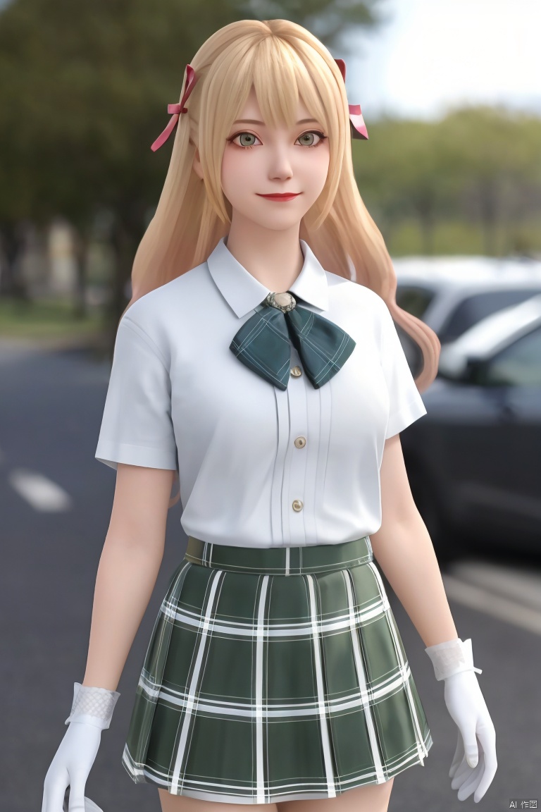  1girl, solo, long hair, looking at viewer, smile, bangs, skirt, blonde hair, shirt, gloves, bow, ribbon, closed mouth, school uniform, white shirt, short sleeves, white gloves, blurry, plaid, cosplay, blurry background, plaid skirt, polka dot, green skirt,q/y