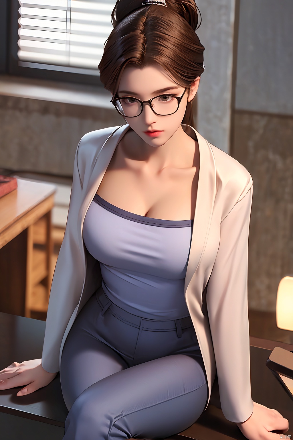  (female): solo, (perfect face), (detailed outfit), (20 years old), beautiful female,content, calm, (crossed legs), auburn hair, long hair, ponytail hair, green eyes, (dark skin), Big Boobs, (light blue business shirt, white coat), (grey business pants), (glasses), (hairpin), (necklace), (wristwatch),(Cleavage),sujieyu,

(background): from above, indoor, office, desks, computers, windows, office supplies, afternoon, clear,

(effects): (masterpiece), (best quality), (sharp focus), (depth of field), (high res), more_details:-1, more_details:0, more_details:0.5, more_details:1, more_details:1.5, tan, dark skin, more_details:-1, more_details:0, more_details:0.5, more_details:1, more_details:1.5, tan, dark skin, 1girl