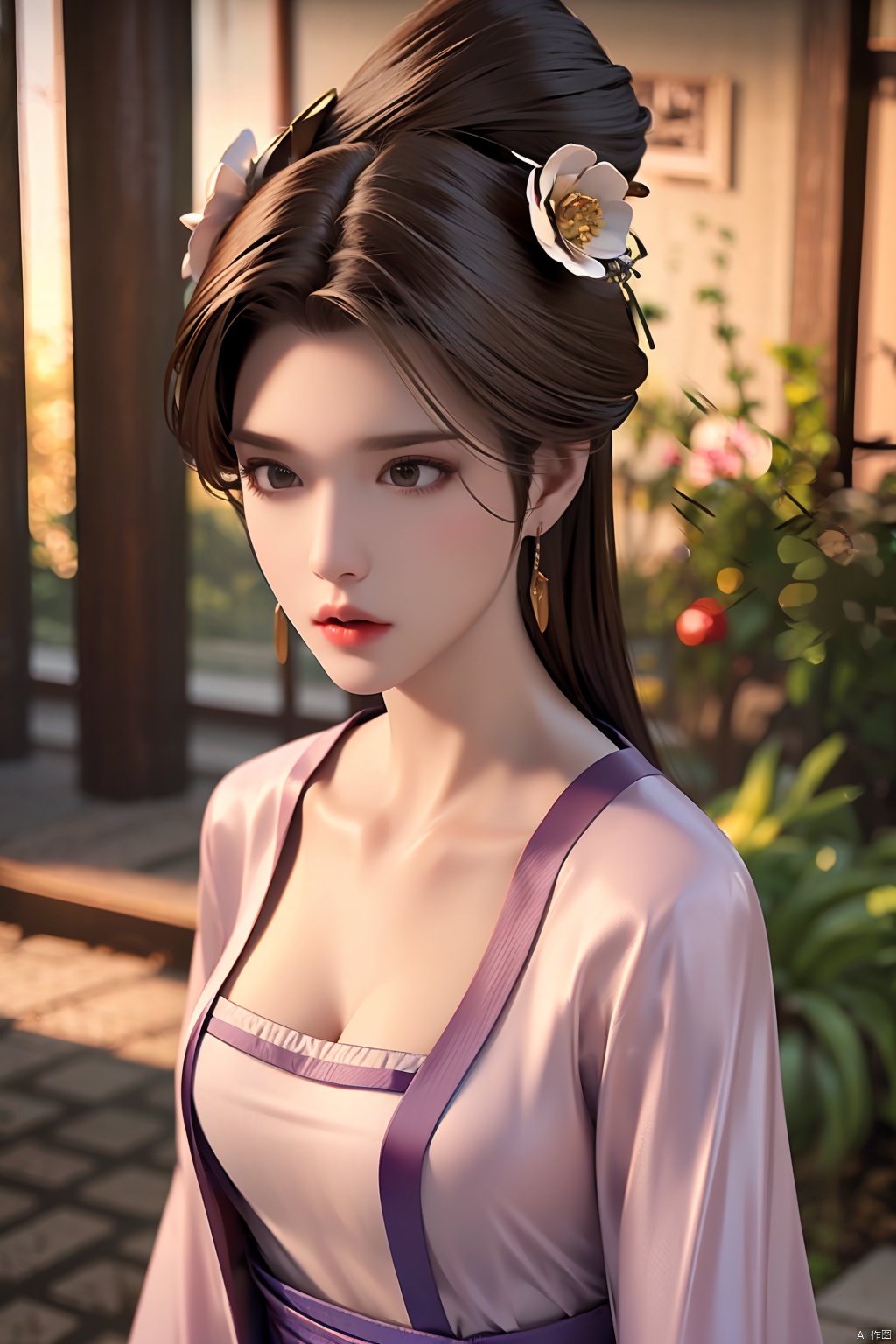 1girl,solo,long hair,looking at viewer,brown hair,black hair,hair ornament,brown eyes,jewelry,collarbone,upper body,flower,earrings,hair flower,lips,sash,chinese clothes,hanfu,sujieyu