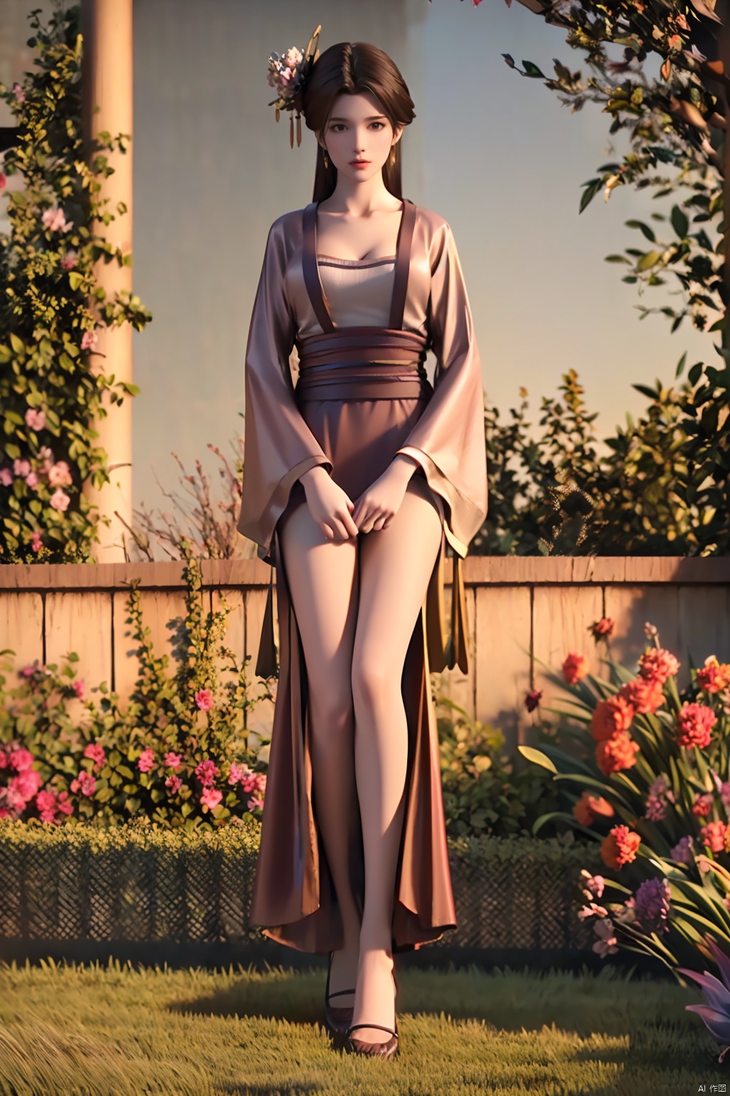  HDR, UHD, 8K, Highly detailed, best quality, masterpiece, 1girl, realistic, Highly detailed, (EOS R8, 50mm, F1.2, 8K, RAW photo:1.2), ultra realistic 8k cg,1girl,solo,long hair,brown hair,hair ornament,dress,brown eyes,jewelry,earrings,wide sleeves,sash,chinese clothes,realistic,hanfu,solo, focus,peafect body,Bangs,Sidelocks,Bright eyes,big eyes,beautiful eyes,hair ornament,hair flower,choker,[loli],,outdoors,water,flower, in the ((sea of flowers)), flower field,meadow,beautiful detailed sky,feather,nature,(sunlight), moist skin, shiny skin, glossy skin, (best illumination, best shadow, extremely delicate and beautiful), perfect lighting, original, highres, dynamic angle, floating,depth of field, caustics,lens flare,warm lighting,(official art,beautiful and aesthetic:1.2),beautiful face, ul looking_at_viewer,kind smile,((poakl)), Detail,glint,glowing,(Full body:1.4),sujieyu,Sitting,