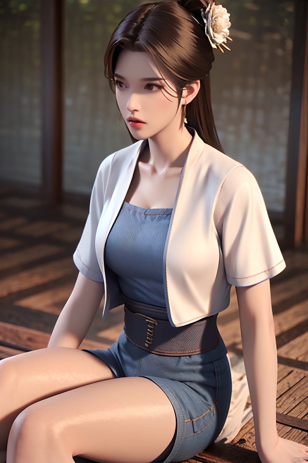  1girl,solo,long hair,brown hair,hair ornament,(Denim short pants:1.4),brown eyes,jewelry,earrings,wide sleeves,sash,chinese clothes,realistic,hanfu,((poakl)),(Waist shot:1.4),sujieyu,Sitting,(White vest:1.5),bare arms,Short sleeve, T shirt