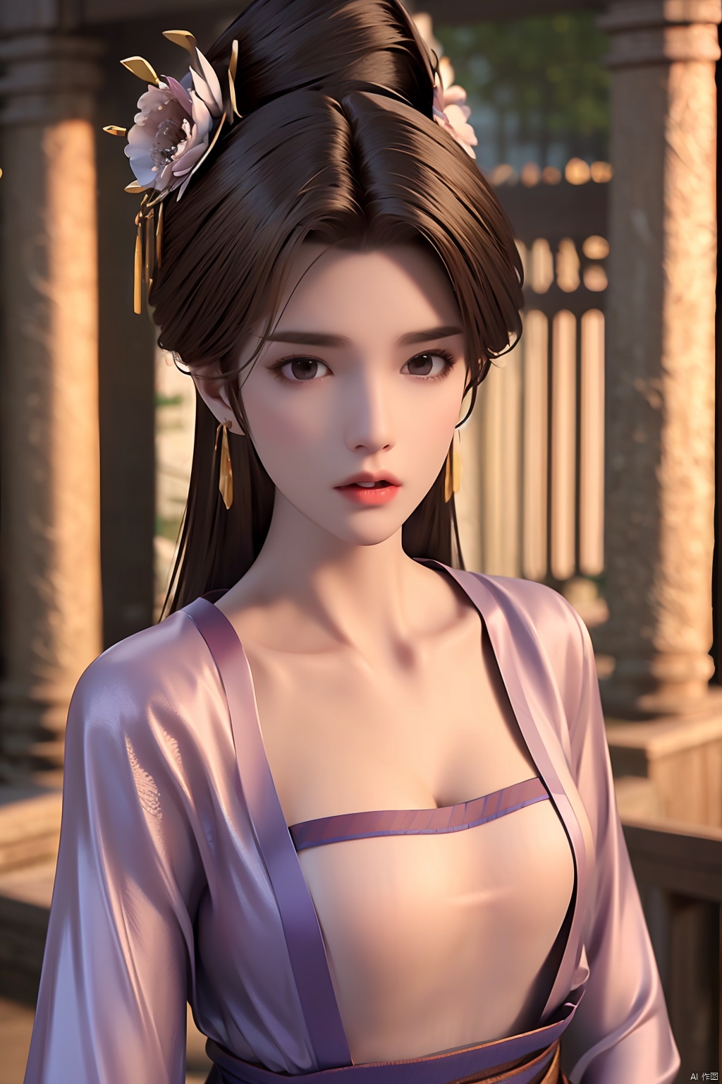  1girl,solo,long hair,looking at viewer,brown hair,black hair,hair ornament,brown eyes,jewelry,collarbone,upper body,flower,earrings,hair flower,lips,sash,chinese clothes,hanfu,sujieyu