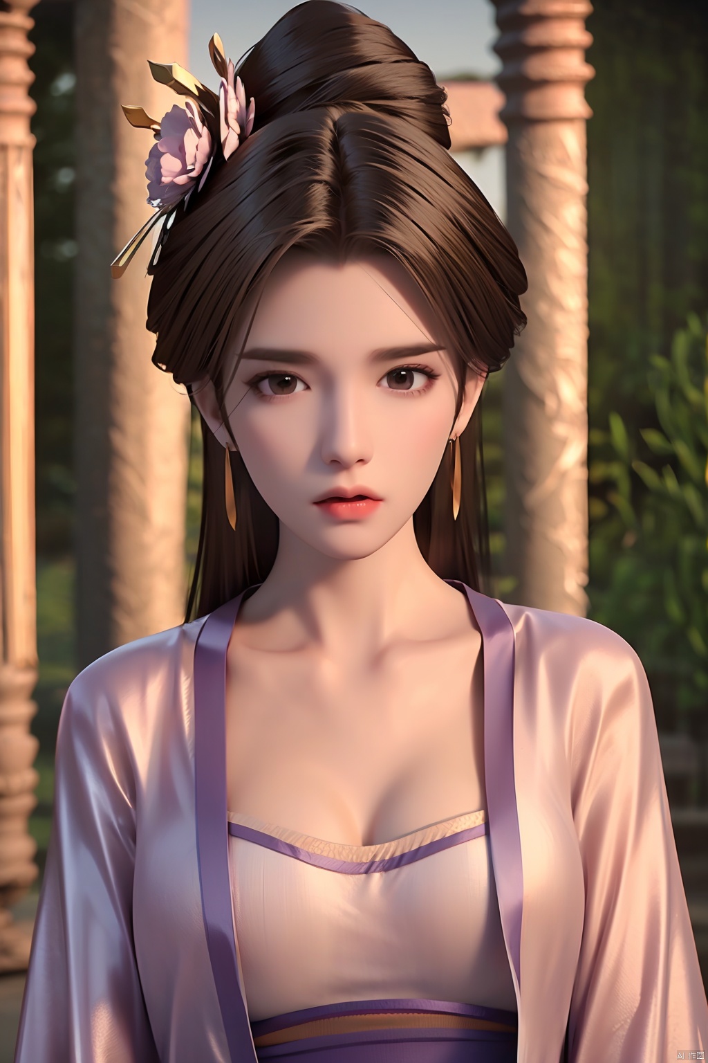 1girl,solo,long hair,looking at viewer,brown hair,black hair,hair ornament,brown eyes,jewelry,collarbone,upper body,flower,earrings,hair flower,lips,sash,chinese clothes,hanfu,sujieyu