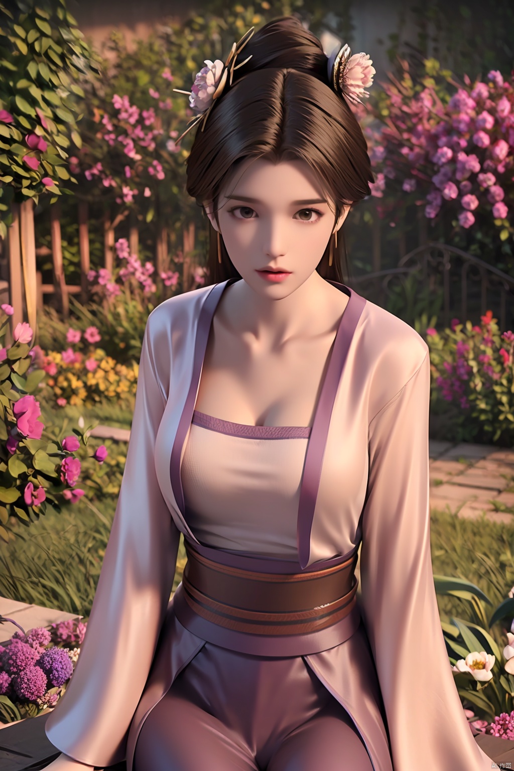  HDR, UHD, 8K, Highly detailed, best quality, masterpiece, 1girl, realistic, Highly detailed, (EOS R8, 50mm, F1.2, 8K, RAW photo:1.2), ultra realistic 8k cg,1girl,solo,long hair,brown hair,hair ornament,dress,brown eyes,jewelry,earrings,wide sleeves,sash,chinese clothes,realistic,hanfu,solo, focus,peafect body,Bangs,Sidelocks,Bright eyes,big eyes,beautiful eyes,hair ornament,hair flower,choker,[loli],,outdoors,water,flower, in the ((sea of flowers)), flower field,meadow,beautiful detailed sky,feather,nature,(sunlight), moist skin, shiny skin, glossy skin, (best illumination, best shadow, extremely delicate and beautiful), perfect lighting, original, highres, dynamic angle, floating,depth of field, caustics,lens flare,warm lighting,(official art,beautiful and aesthetic:1.2),beautiful face, ul looking_at_viewer,kind smile,((poakl)), Detail,glint,glowing,(Waist shot:1.4),sujieyu,Sitting,