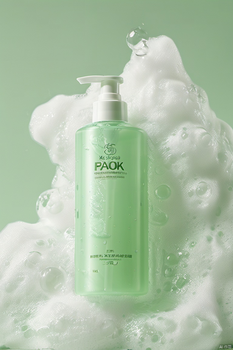 ,paomo style, xihuwen,
Body wash clear bottles lie on a foam background, light green background, high resolution and high detail, bright professional studio lighting, octane rendering and Unreal Engine 5 style, with sharp focus and surreal style