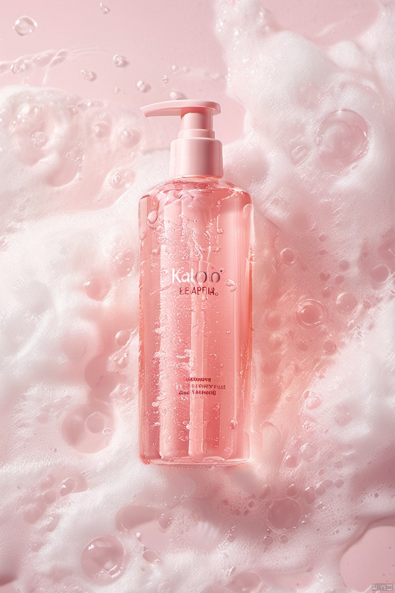 ,paomo style, xihuwen,Body wash clear bottles lie on a foamy background, light pink background, high resolution and high detail, bright professional studio lighting, octane rendering and Unreal Engine 5 style with sharp focus and surreal style