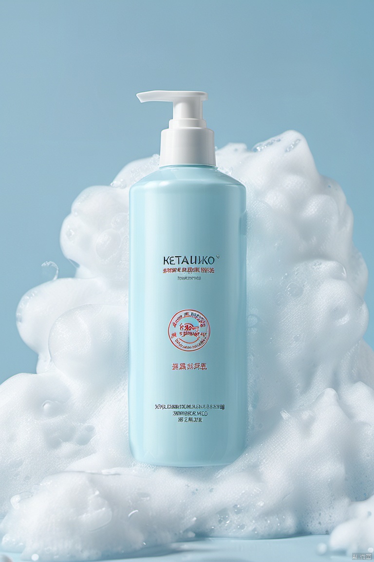 ,paomo style, xihuwen,
Body wash clear bottles lie on a foam background, light blue background, high resolution and high detail, bright professional studio lighting, octane rendering and Unreal Engine 5 style, with sharp focus and surreal style