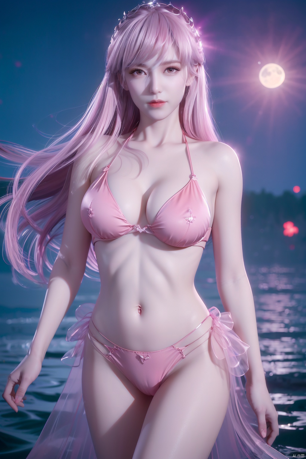  (8k, RAW photo, best quality, masterpiece:1.2),(super realistic, photo-realistic:1.3),ultra-detailed,extremely detailed cg 8k wallpaper,hatching (texture),skin gloss,light persona,
(crystalstexture skin:1.2),(extremely delicate and beautiful),ultra-high resolution,
Surrealism,fantastical verisimilitude,fantastical creation,thriller color scheme,surrealism,abstract,psychedelic,bikini,
1girl,solo,(very long hair:1.2),(moon),moonlight,water surface,windy,pink hair,shiny hair,light,shiny,long_skirt,looking at viewer,
xwhd,