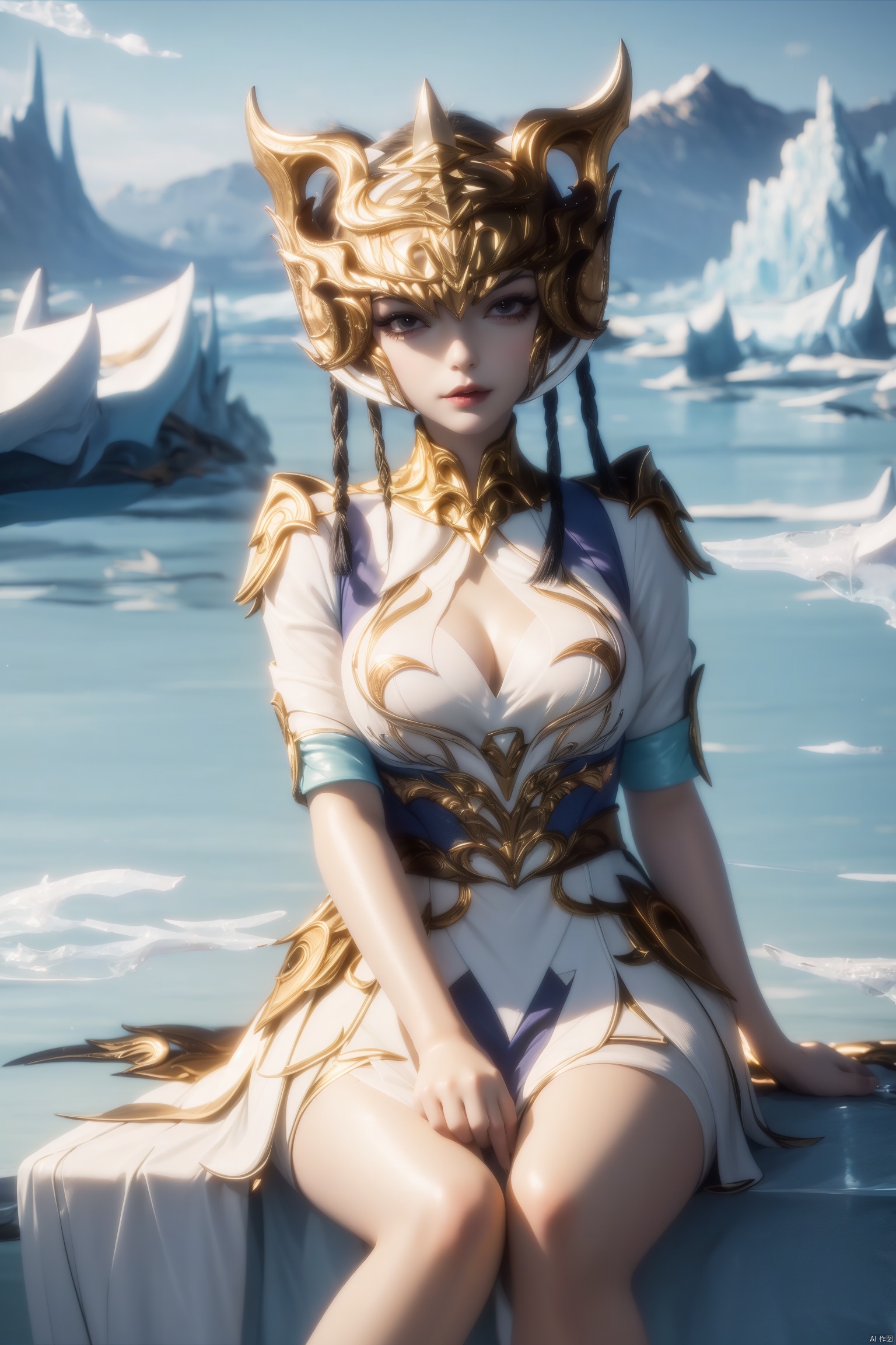 Girl, smile, sitting on the sea, clouds, seawater, waves, glaciers,