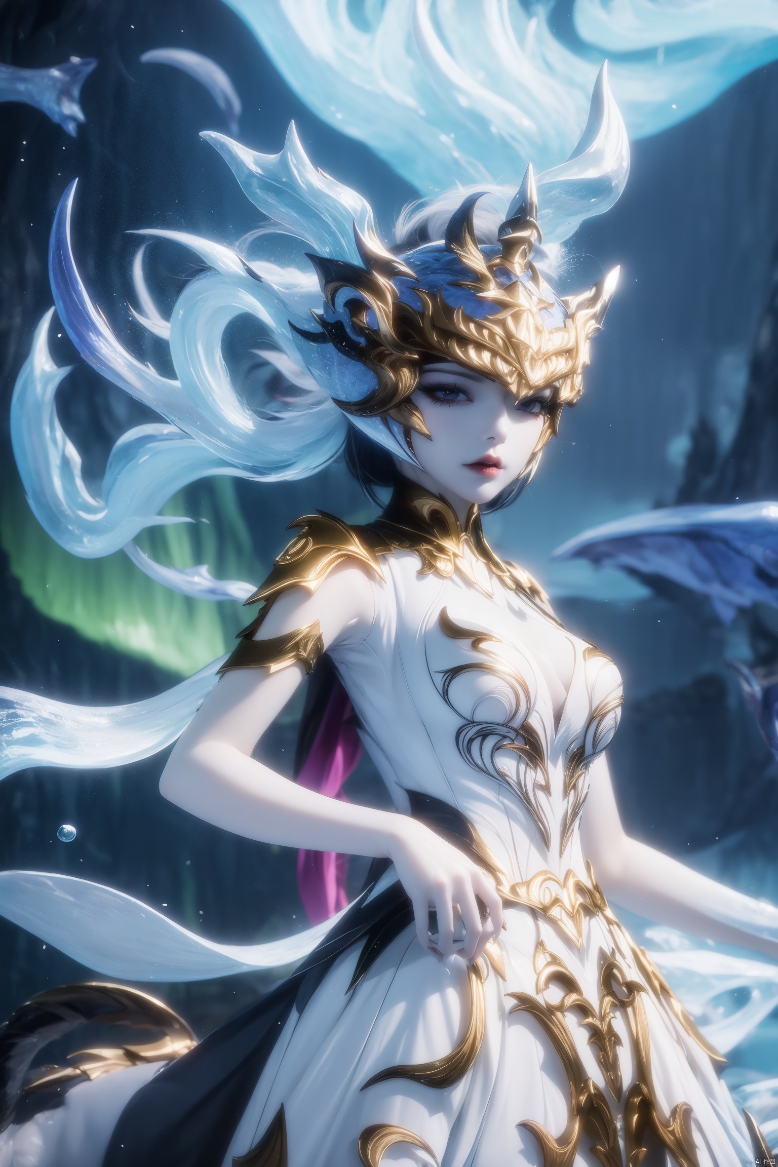 
 air bubble  aurora  blurry  blurry background  blurry foreground  bubble  depth of field  fish  horns  light particles  light rays  ocean  snow  snowing  star \(sky\)  starry sky  submerged  underwater  water  water drop 