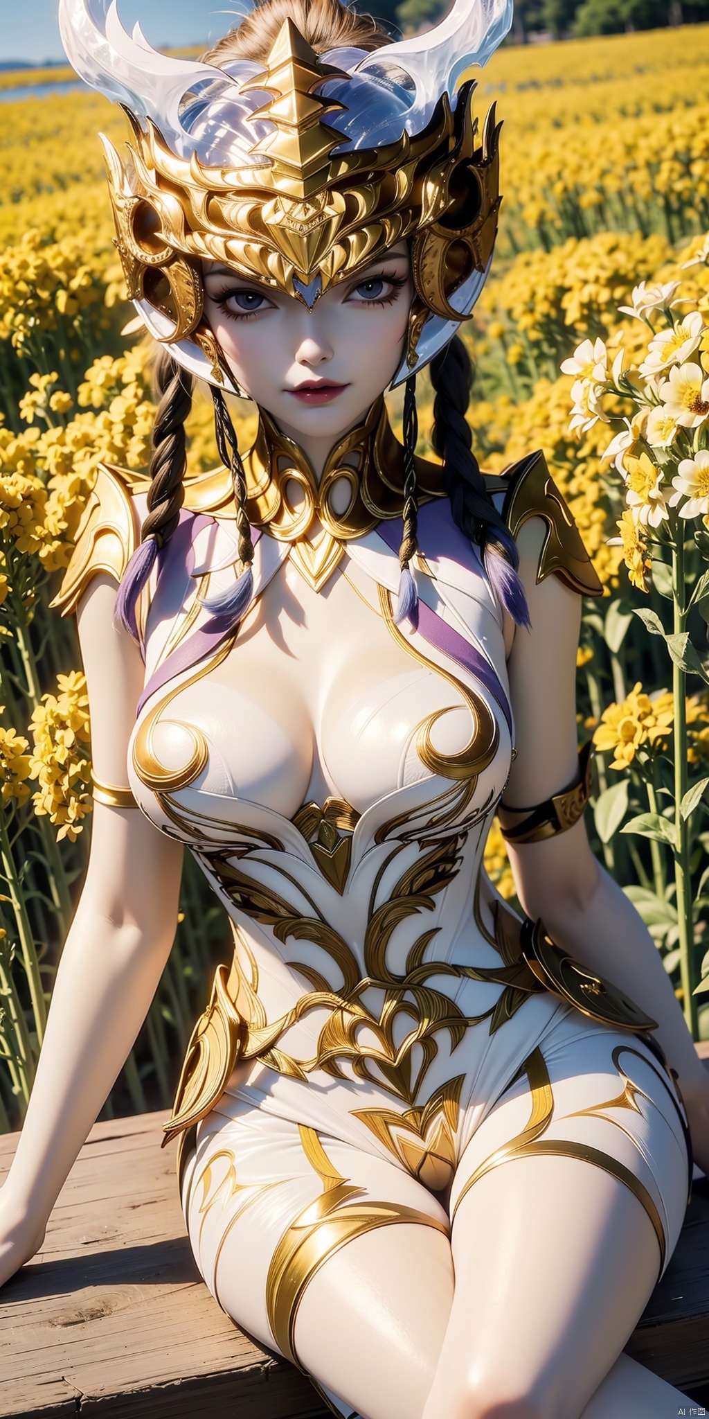  Girl,  long hair, fluttering in the wind, (sitting on the rapeseed ground), beautiful legs, beautiful legs, indifferent eyes, stunning appearance, headwear, rapeseed background, smile, yellow flowers