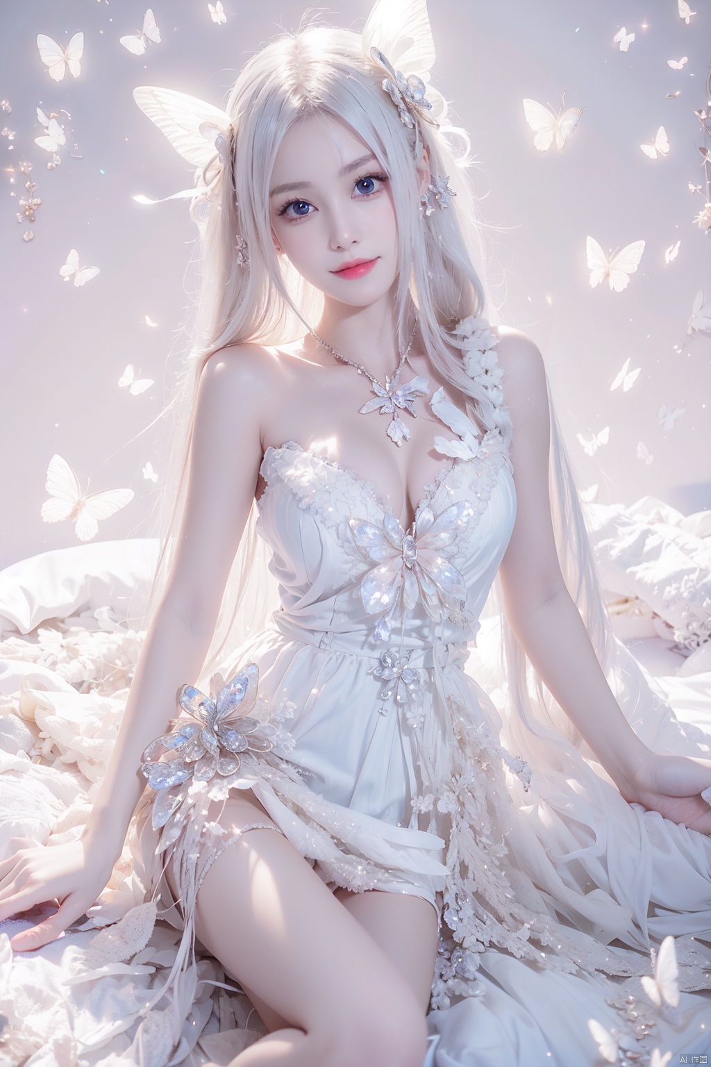  Masterpiece,  8k, best quality, minimalism,
A girl with long white hair, closed mouth smile, butterfly, female focus, sexy figure, solo, crystal, white dress,duck,1girl