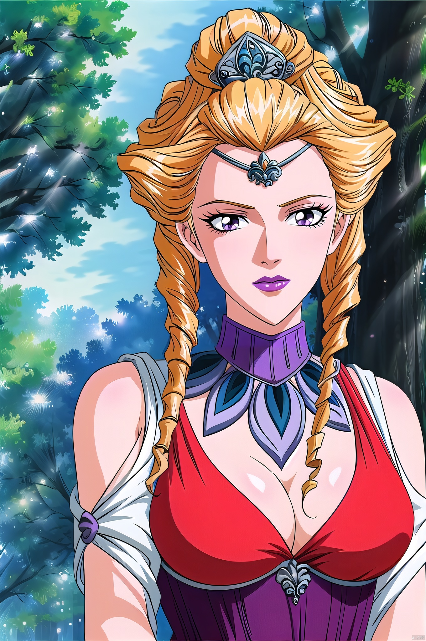 Hera, 1girl, solo, blonde hair, lipstick, purple eyes, makeup, tree, circlet, cleavage, day, outdoors, drill hair, looking at viewer, retro artstyle, clothing cutout, purple lips, upper body, large breasts,sitting,arms support,