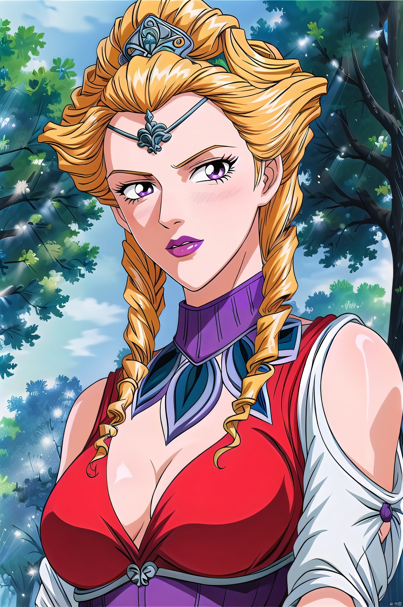 Hera, 1girl, solo, blonde hair, lipstick, purple eyes, makeup, tree, circlet, cleavage, day, outdoors, drill hair, breasts, looking at viewer, retro artstyle, clothing cutout, purple lips, upper body, medium breasts