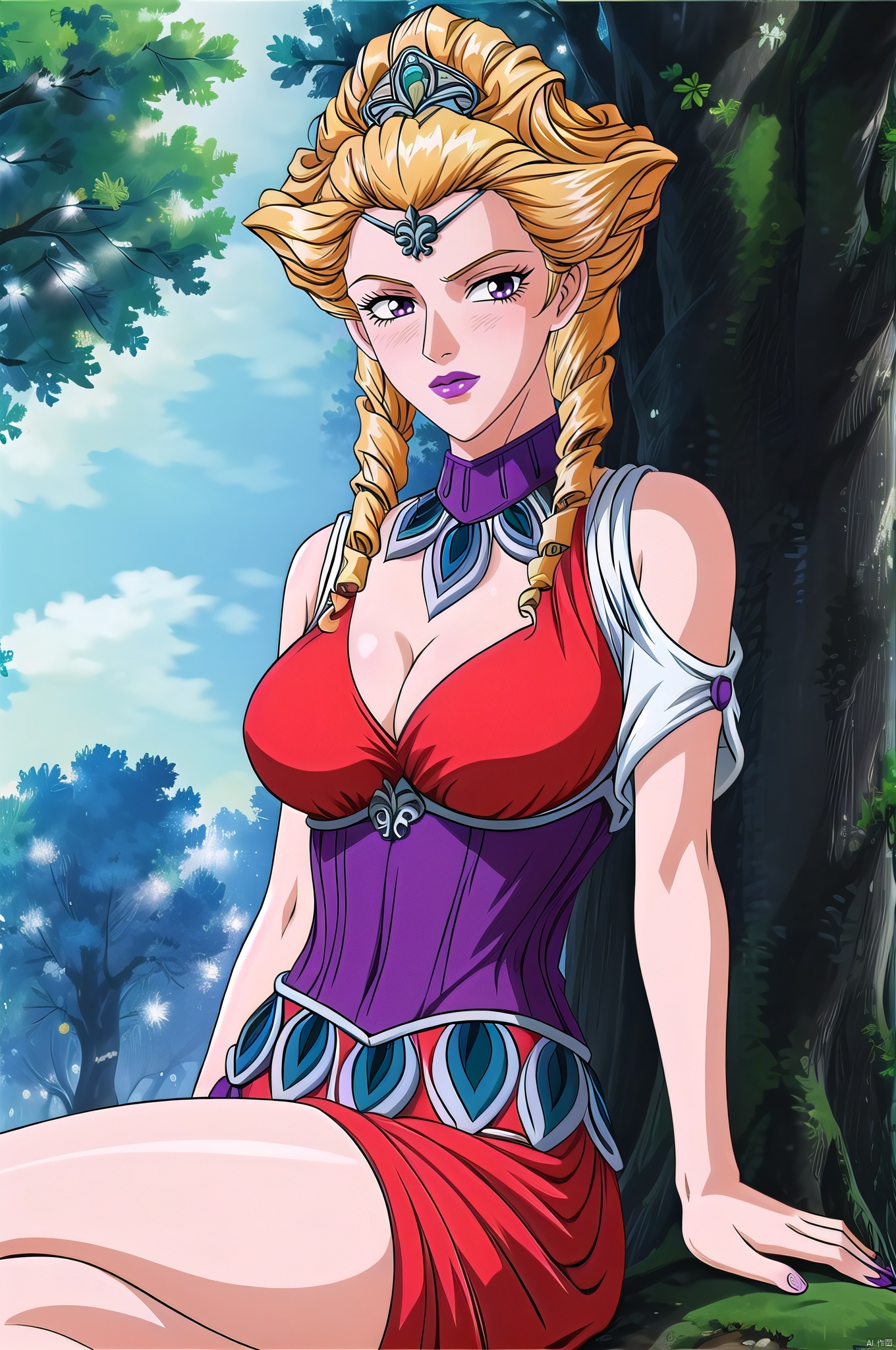 Hera, 1girl, solo, blonde hair, lipstick, purple eyes, makeup, tree, circlet, cleavage, day, outdoors, drill hair, looking at viewer, retro artstyle, clothing cutout, purple lips, cowboy_shot, large breasts,sitting,arms support,