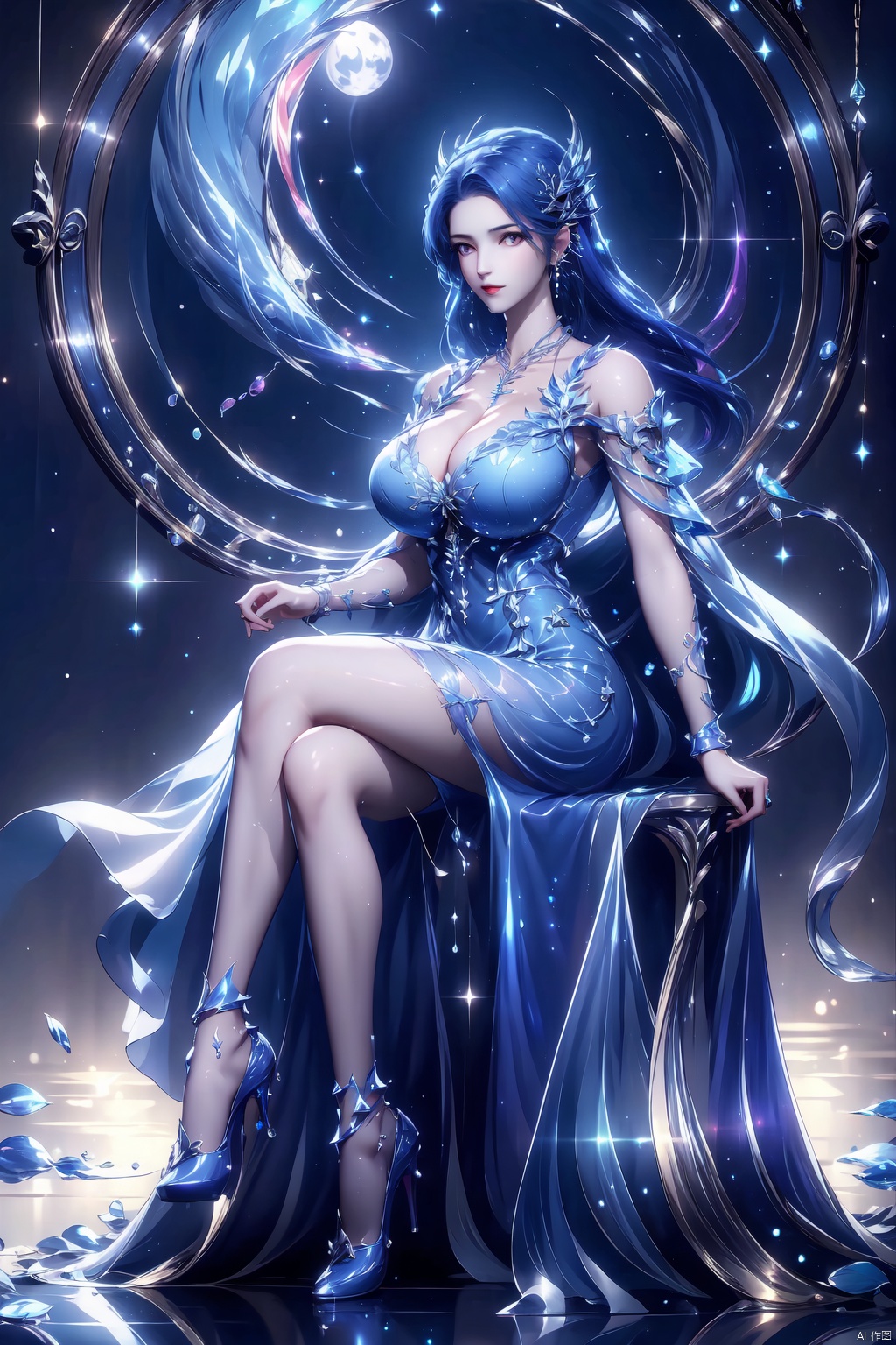 1girl, solo, long hair, breasts, hair ornament, dress, cleavage, jewelry, sitting, blue hair, full body, earrings, necklace, high heels, sparkle, blue dress, blue footwear, ayin