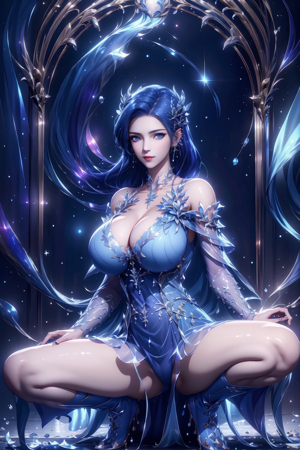 1girl, solo, long hair, breasts, looking at viewer, blue eyes, large breasts, black hair, hair ornament, dress, cleavage, bare shoulders, jewelry, blue hair, full body, thighs, earrings, boots, spread legs, high heels, blue dress, squatting