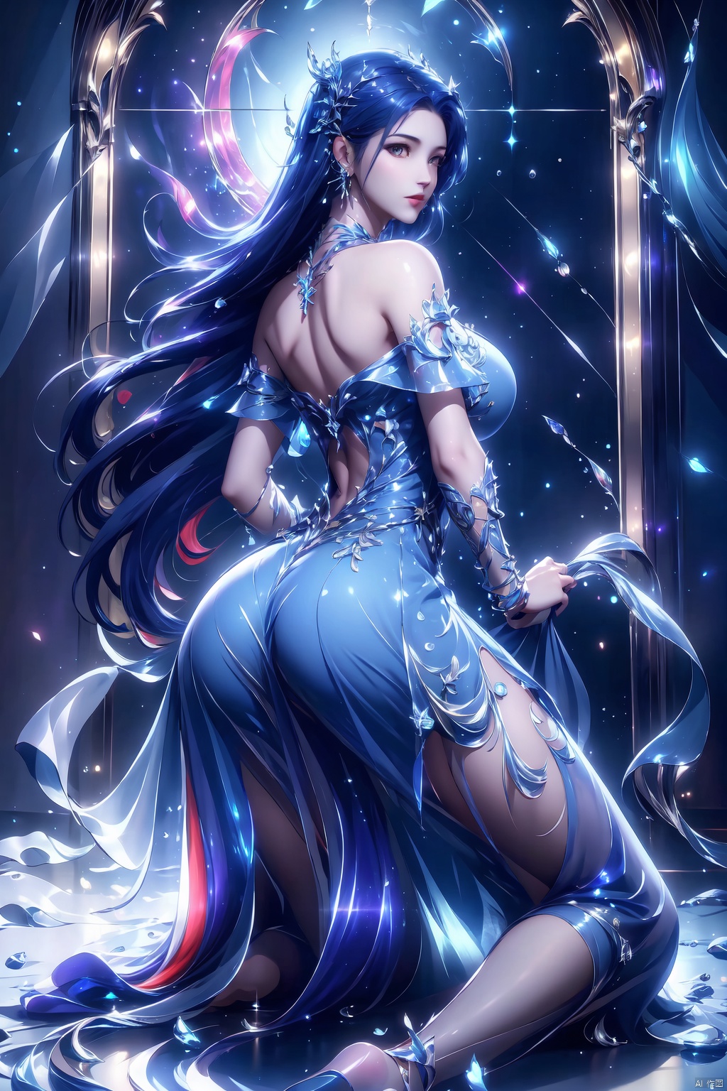1girl, solo, long hair, breasts, looking at viewer, large breasts, black hair, hair ornament, dress, bare shoulders, jewelry, very long hair, blue hair, full body, ass, multicolored hair, earrings, shiny, looking back, indoors, from behind, bracelet, kneeling, blue dress, back, light particles, long dress