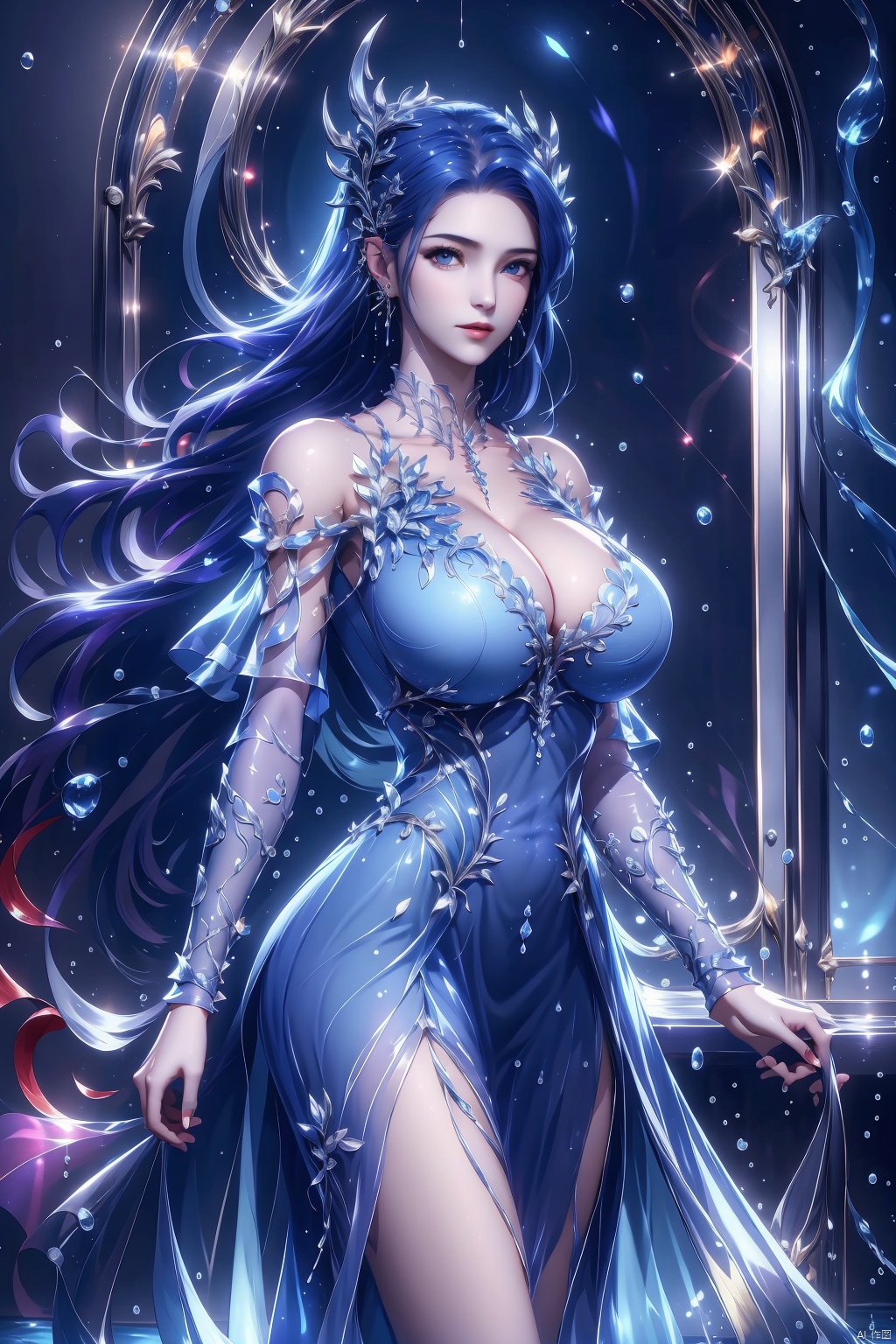 1girl, solo, long hair, breasts, large breasts, hair ornament, dress, cleavage, bare shoulders, jewelry, blue hair, standing, earrings, indoors, water, blue dress, hand on own chest