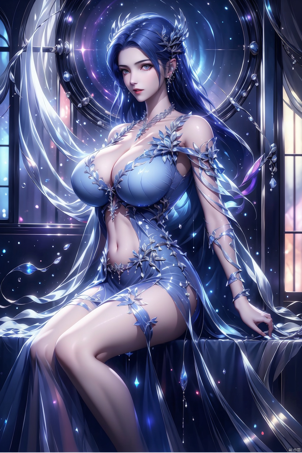 1girl, solo, long hair, breasts, looking at viewer, large breasts, black hair, hair ornament, dress, navel, cleavage, bare shoulders, jewelry, sitting, thighs, earrings, indoors, necklace, blurry, black dress, legs, clothing cutout, bare legs, window, thigh strap, blurry background, arm support, curtains, navel cutout
