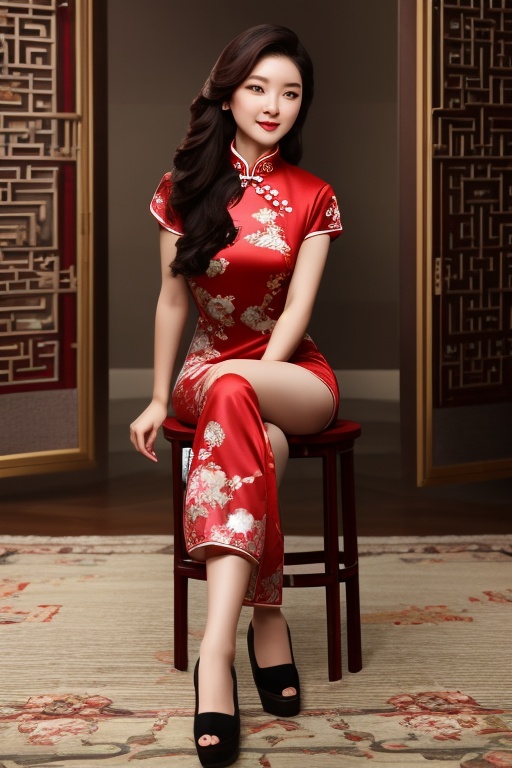 8k ultra high resolution,  girl,  wearing red vintage print Cheongsam Collar Goth Thigh-high Slit long Qipao on Tensor.Art