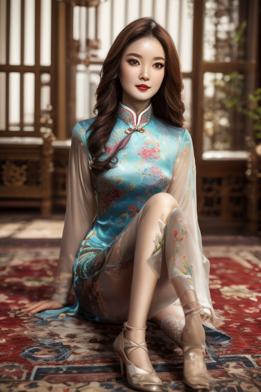 8k ultra high resolution,  girl,  wearing vintage print Cheongsam Collar Goth Thigh-high Slit long Qipao on Tensor.Art