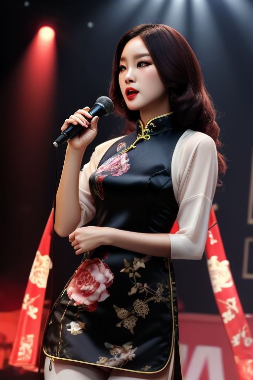 8k ultra high resolution,  girl,  wearing light vintage print Cheongsam Collar Goth Thigh-high Slit long Qipao on Tensor.Art