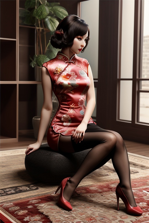 8k ultra high resolution,  girl,  wearing red vintage print Cheongsam Collar Goth Thigh-high Slit Qipao on Tensor.Art
