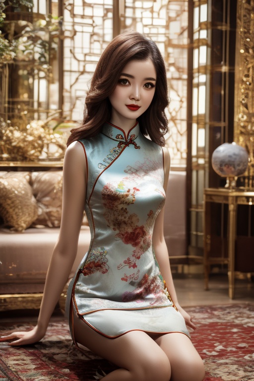 8k ultra high resolution,  girl,  wearing vintage print Cheongsam Collar Goth Thigh-high Slit long Qipao on Tensor.Art