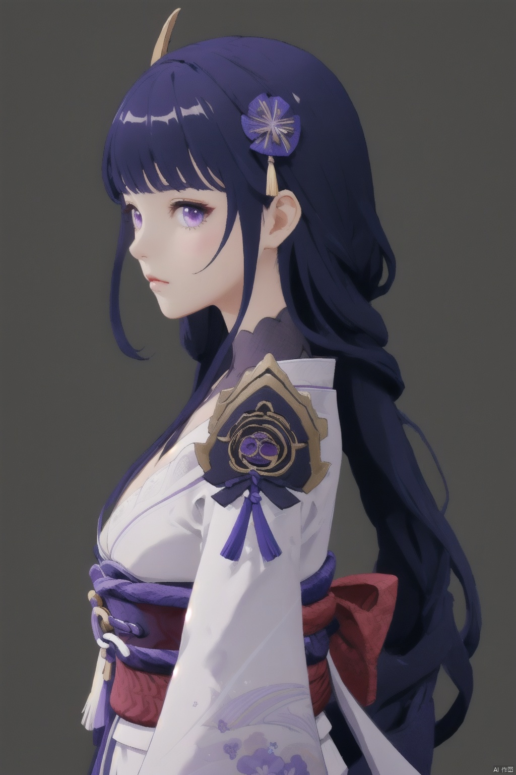 ying, 1girl, solo, raiden shogun, mole, mole under eye, long hair, purple eyes, japanese clothes, purple hair, bangs, hair ornament, sash, breasts, looking at viewer, obiage, armor, obi, ribbon, kimono, closed mouth, tassel, obijime, shoulder armor, flower, purple flower, cleavage, purple background, simple background, large breasts, floral print, long sleeves