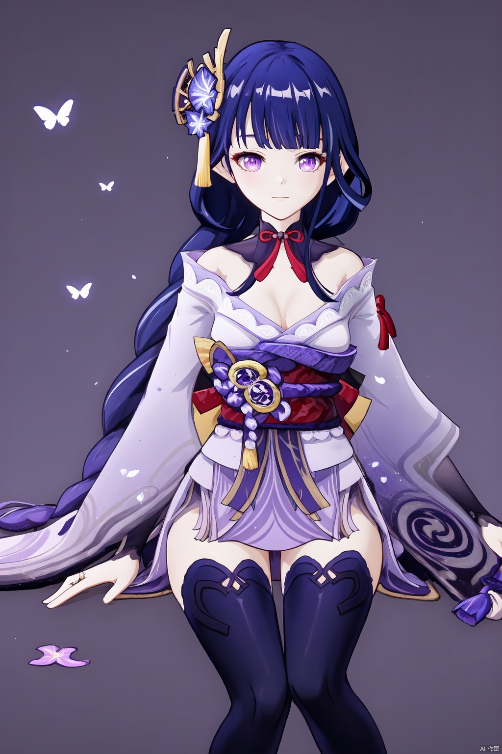 raiden shogun, 1girl, purple hair, japanese clothes, purple eyes, solo, breasts, bug, thighhighs, kimono, sash, hair ornament, obi, long hair, cleavage, butterfly, mole, bangs, purple kimono, mole under eye, bridal gauntlets, flower, wide sleeves, large breasts, braid, sitting, long sleeves, closed mouth, tassel, petals, vision \(genshin impact\), butterfly on hand