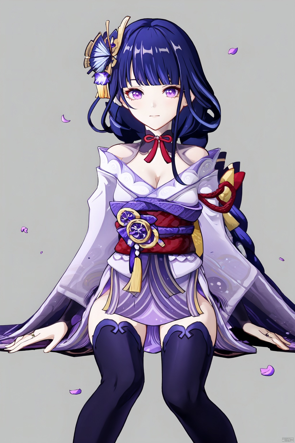 raiden shogun, 1girl, purple hair, japanese clothes, purple eyes, solo, breasts, bug, thighhighs, kimono, sash, hair ornament, obi, long hair, cleavage, butterfly, mole, bangs, purple kimono, mole under eye, bridal gauntlets, flower, wide sleeves, large breasts, braid, sitting, long sleeves, closed mouth, tassel, petals, vision \(genshin impact\), butterfly on hand