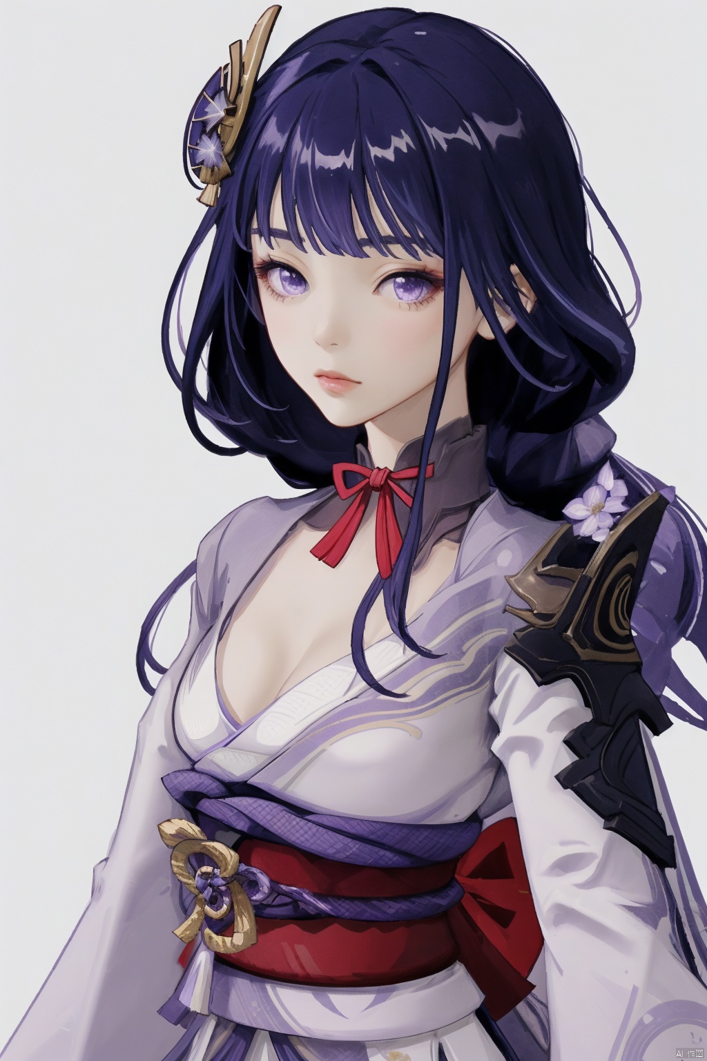  ying, 1girl, solo, raiden shogun, mole, mole under eye, long hair, purple eyes, japanese clothes, purple hair, bangs, hair ornament, sash, breasts, looking at viewer, obiage, armor, obi, ribbon, kimono, closed mouth, tassel, obijime, shoulder armor, flower, purple flower, cleavage, purple background, simple background, large breasts, floral print, long sleeves