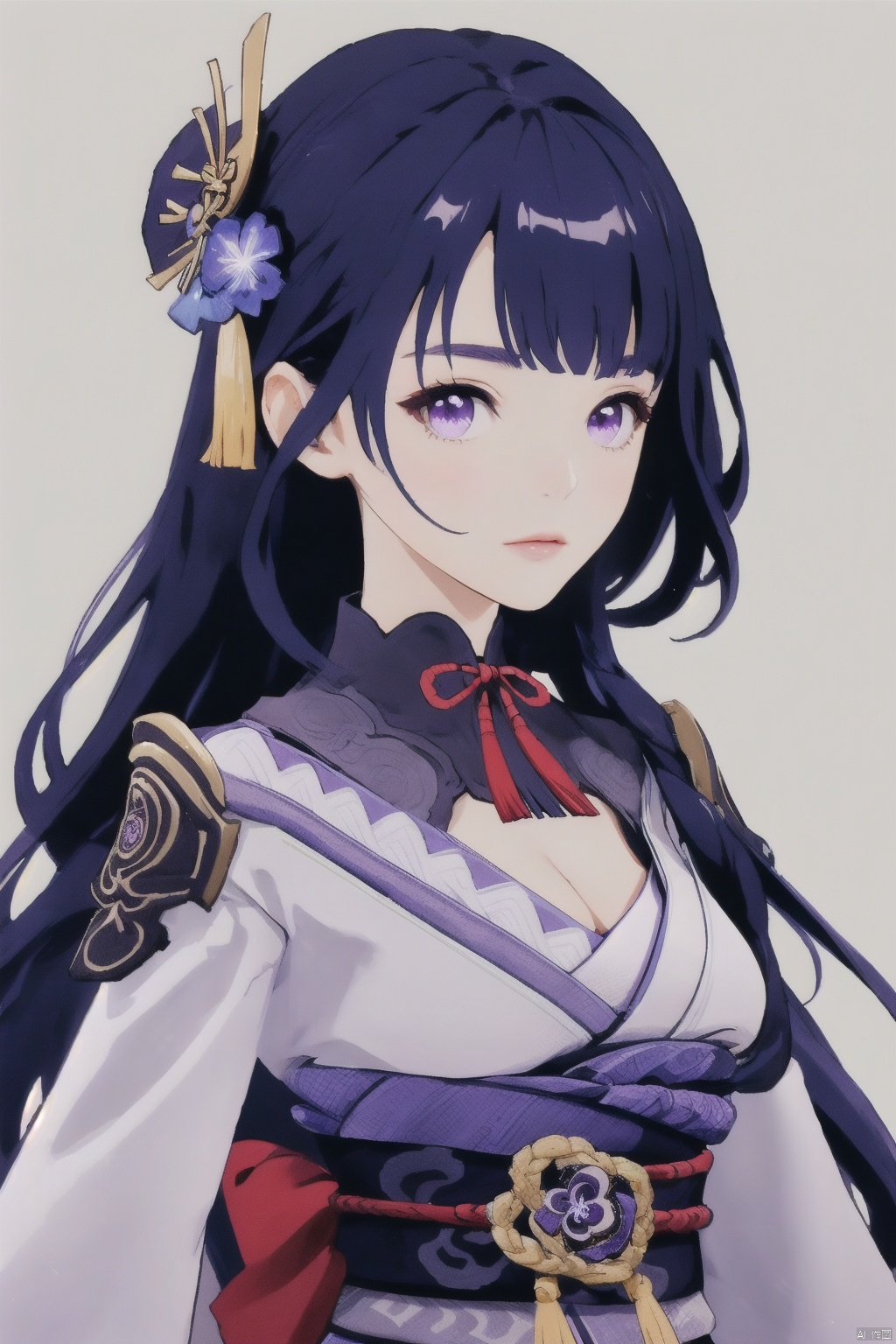 ying, 1girl, solo, raiden shogun, mole, mole under eye, long hair, purple eyes, japanese clothes, purple hair, bangs, hair ornament, sash, breasts, looking at viewer, obiage, armor, obi, ribbon, kimono, closed mouth, tassel, obijime, shoulder armor, flower, purple flower, cleavage, purple background, simple background, large breasts, floral print, long sleeves