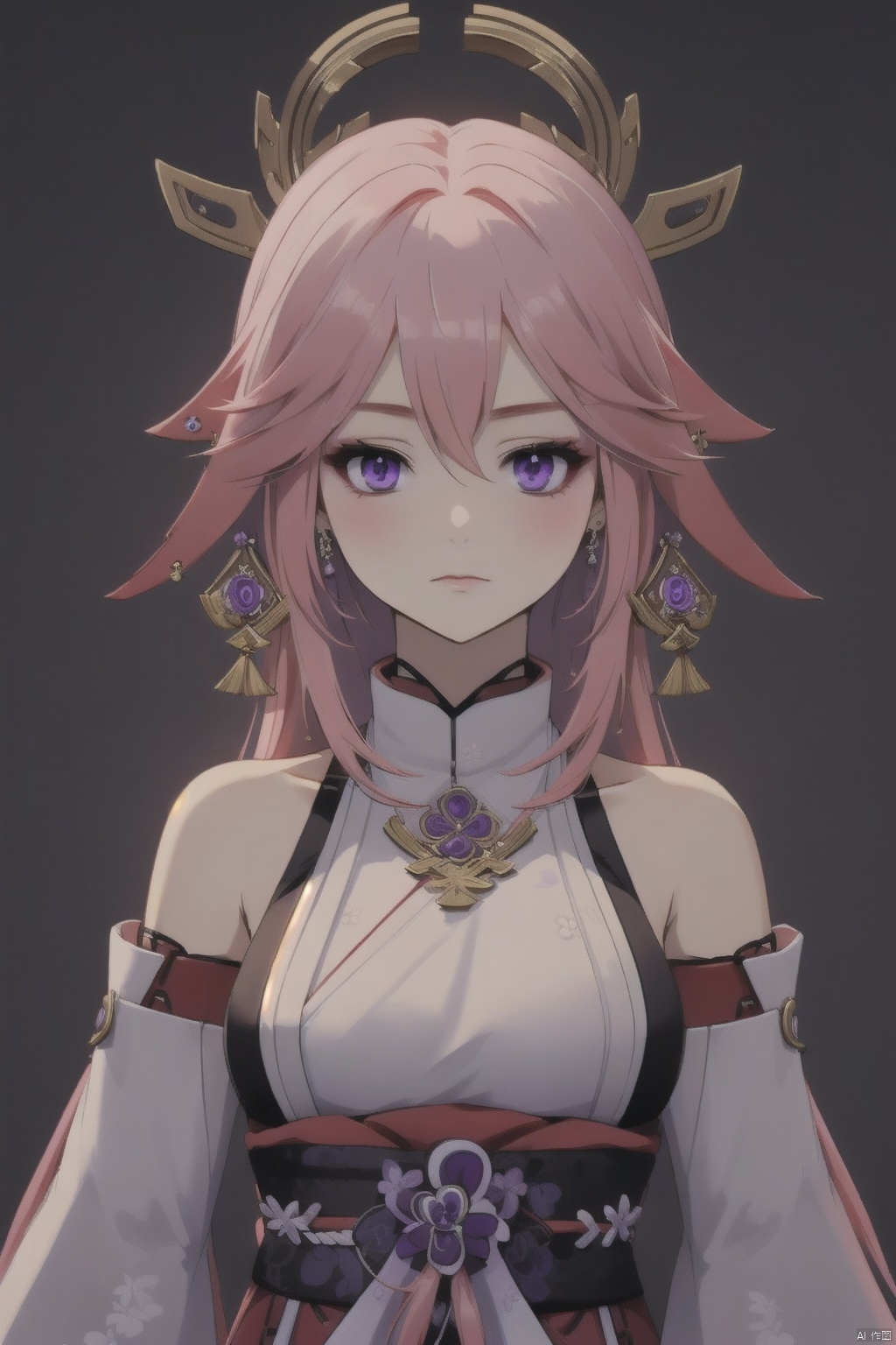 yae miko, 1girl, solo, breasts, pink hair, purple eyes, long hair, looking at viewer, bare shoulders, wide sleeves, hair ornament, upper body, bangs, closed mouth