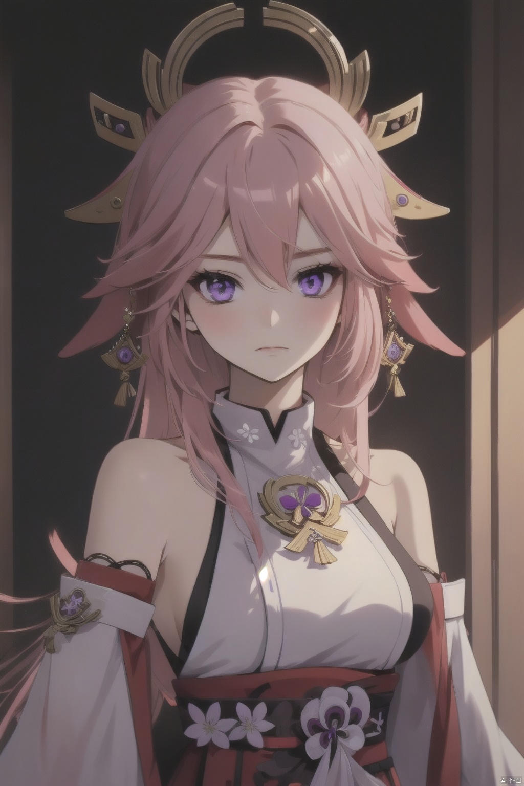 yae miko, 1girl, solo, breasts, pink hair, purple eyes, long hair, looking at viewer, bare shoulders, wide sleeves, hair ornament, upper body, bangs, closed mouth