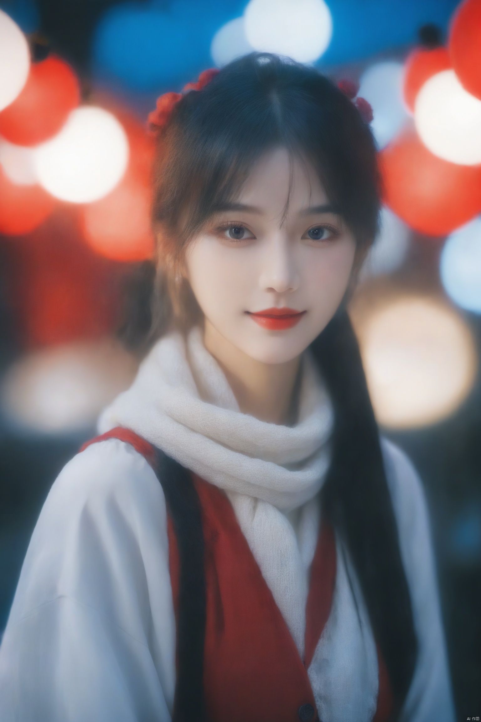 a mysterious woman, fog, movie lights, blue and red theme, smiling, (best quality:1.3),1 girl
