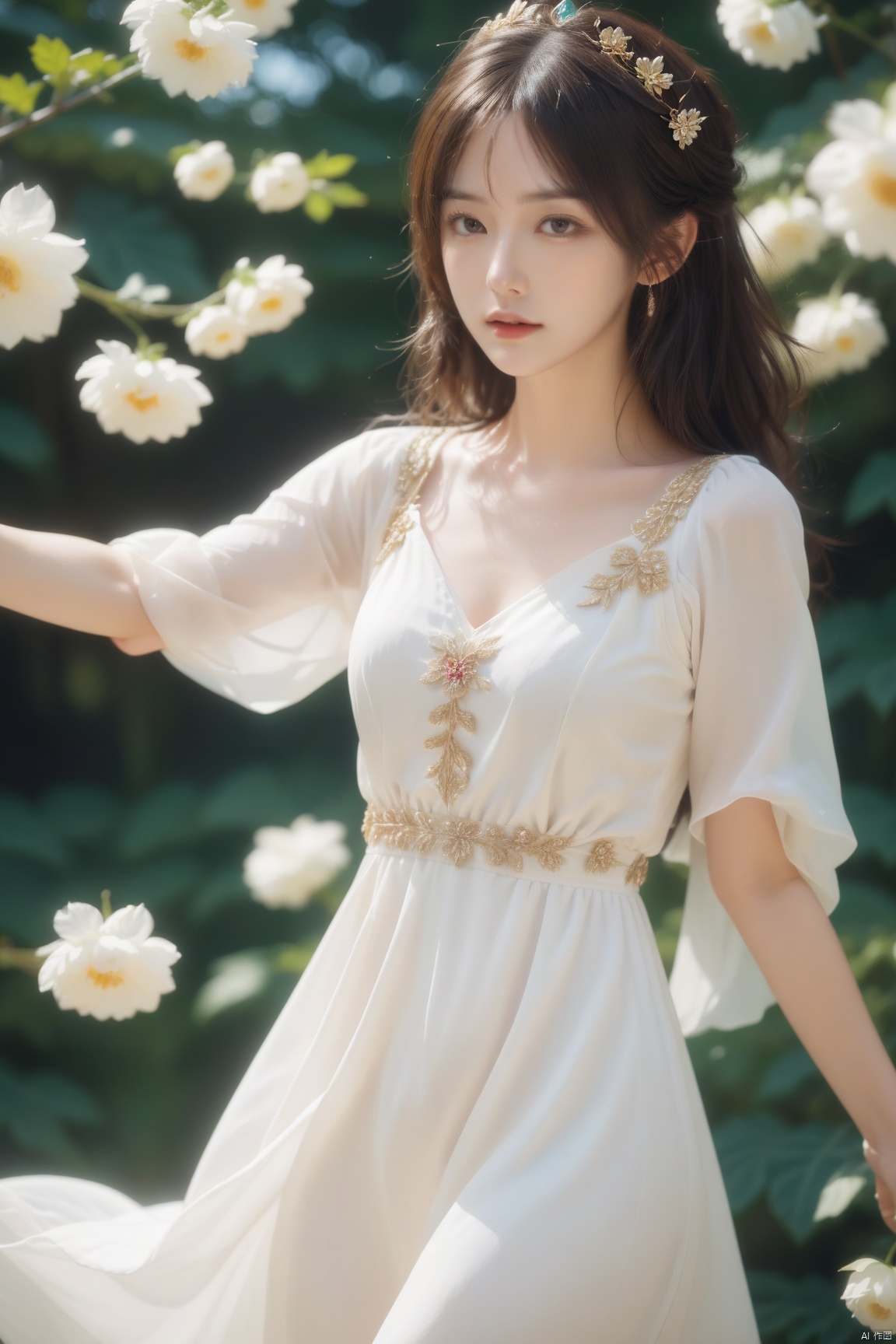  1girl,solo,stunningly beautiful,white dress,detached sleeves,jewelry,flower,floating hair,Canon RF 85mm f/1.2L 85mm,action shot,Super Telephoto Lens, 1 girl