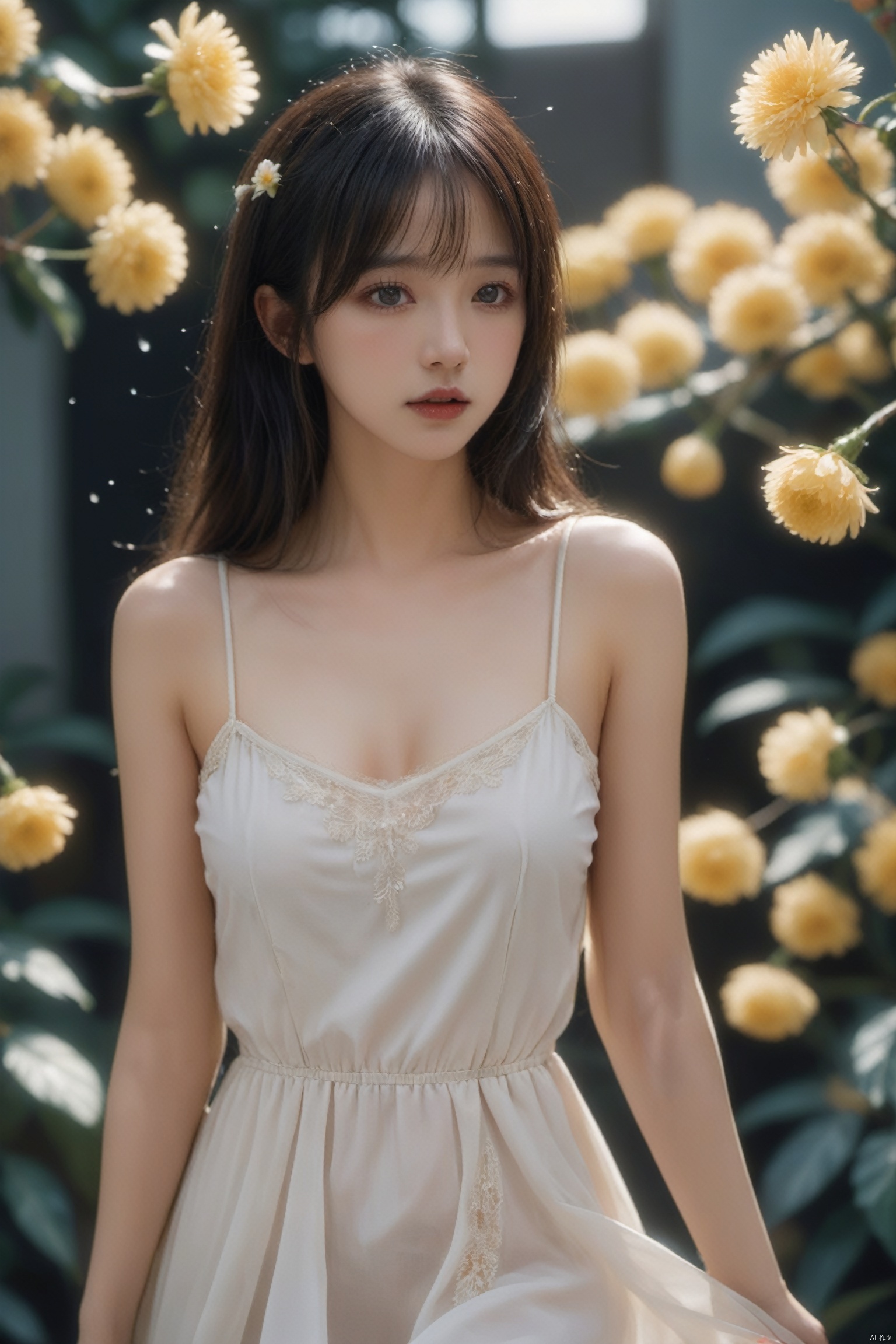  extremely detailed,realistic,1girl,solo,black hair,long hair,Messy hair,black eyes,lips,collarbone,flower,upper body,portrait,dress,close_mouth,looking at viewer,side,beauty,floating petals,blurry background,Split Lighting,deep shadow,cowboy shot,white dress,melancholic expression,Elegant movements,crying,(tears),Low maintenance,snowing,outdoors,at the ocean,, 1 girl, film