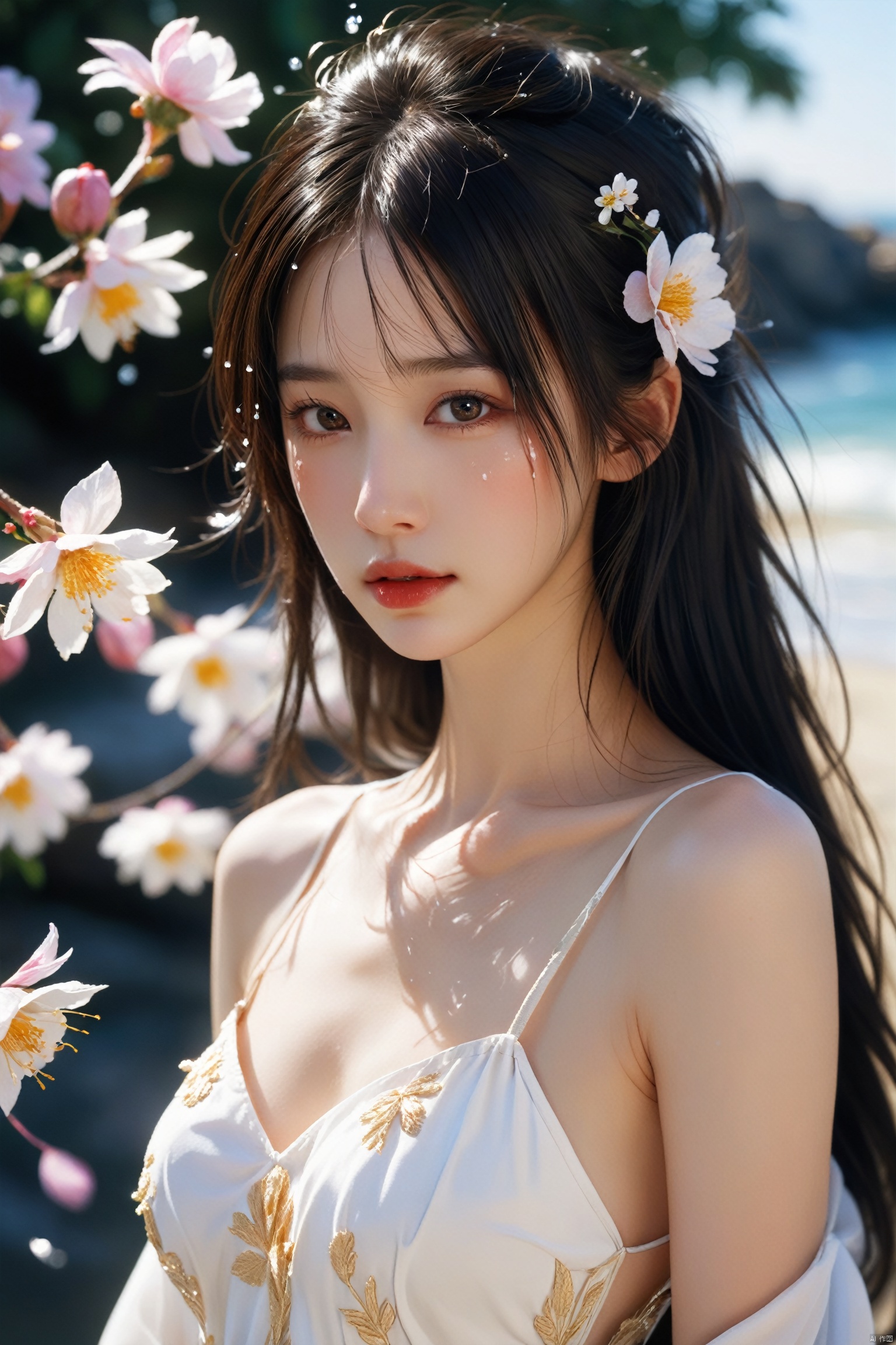  extremely detailed,realistic,1girl,solo,black hair,long hair,Messy hair,black eyes,lips,collarbone,flower,upper body,portrait,dress,close_mouth,looking at viewer,side,beauty,floating petals,blurry background,Split Lighting,deep shadow,cowboy shot,white dress,melancholic expression,Elegant movements,crying,(tears),Low maintenance,snowing,outdoors,at the ocean,, 1 girl, film