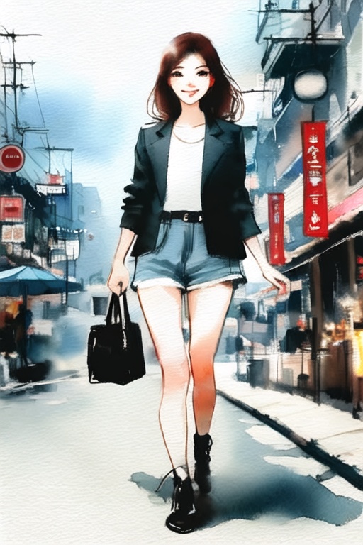 20 years old woman,  walk on taipei city,  watercolor on Tensor.Art