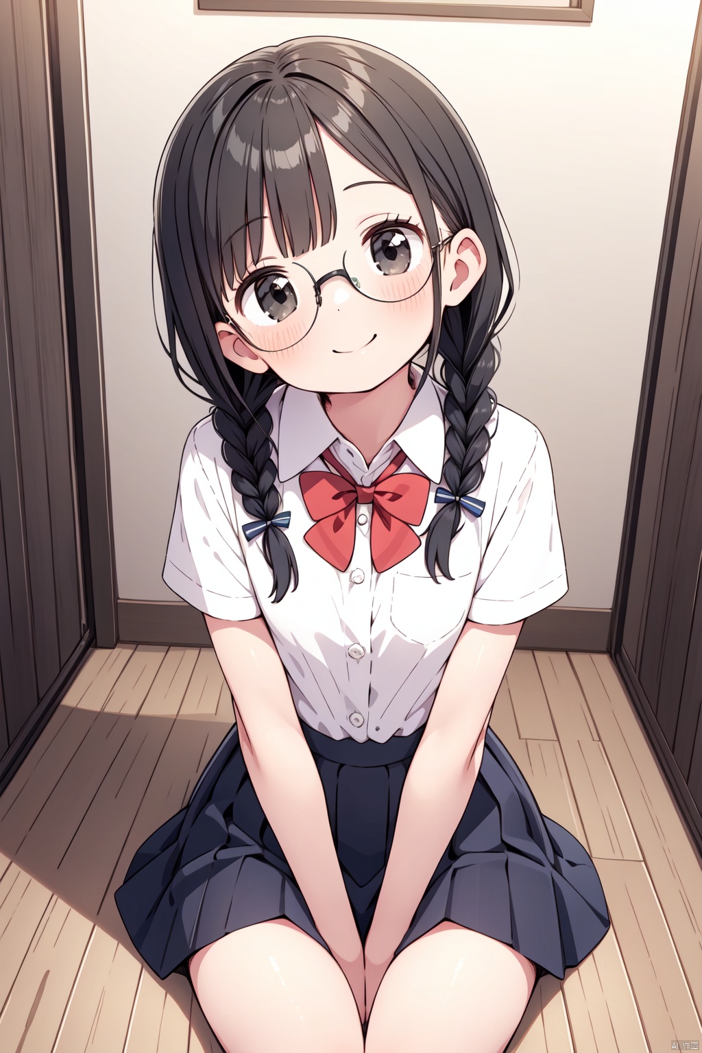 1girl, solo, braid, glasses, twin braids, black hair, sitting, long hair, skirt, bow, shirt, blush, head tilt, short sleeves, looking at viewer, bangs, white skirt, white shirt, school uniform, hair over shoulder, smile, pleated skirt, closed mouth, twintails, black-framed eyewear, indoors, black eyes, collared shirt, bowtie, wooden floor, low twintails, hand between legs, between legs, v arms