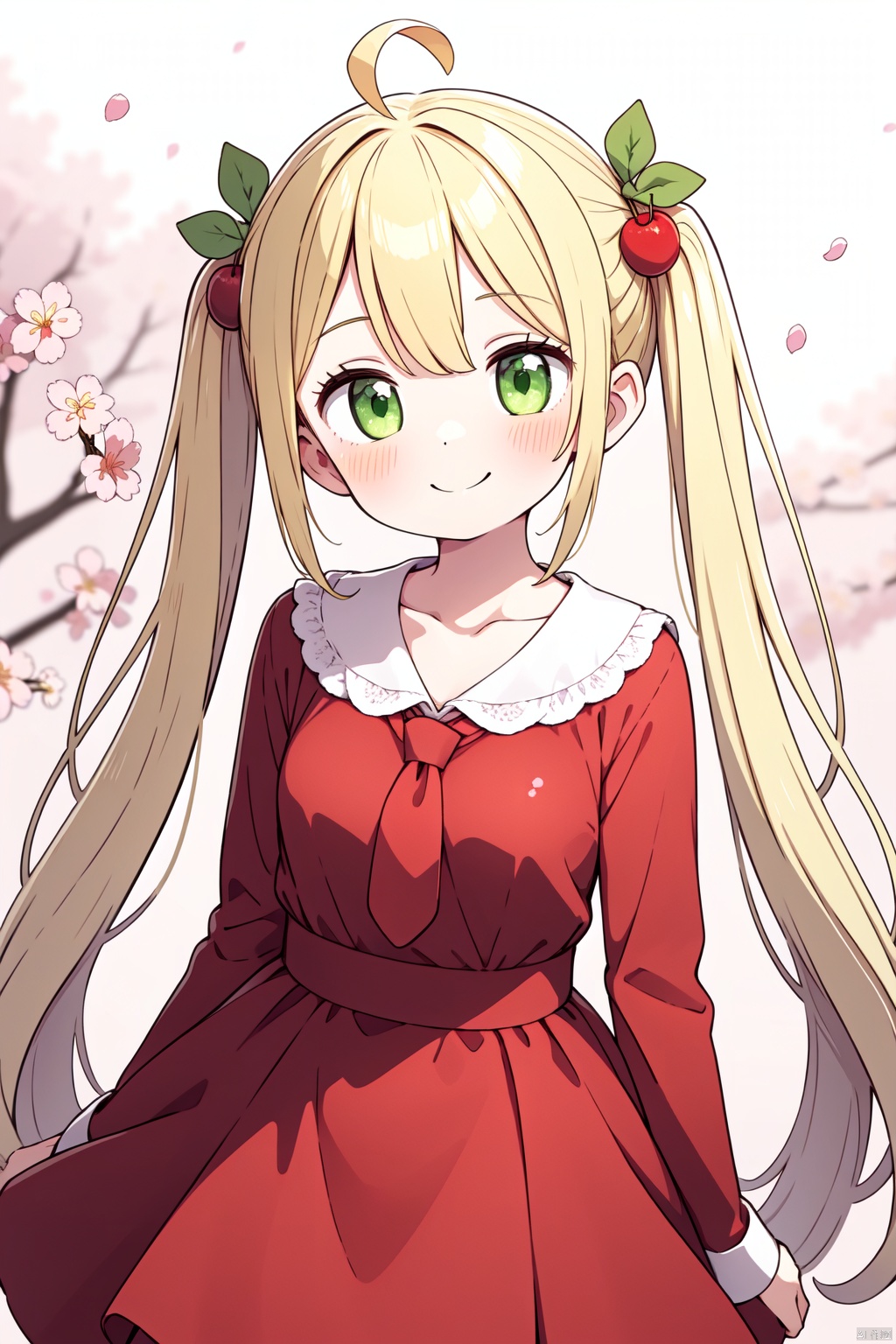 1girl, solo, green_eyes, long_hair, twintails, dress, ahoge, looking_at_viewer, bow, blonde_hair, hair_bow, virtual_youtuber, very_long_hair, cherry_blossoms, necktie, red_dress, long_sleeves, bangs, blurry, collarbone, blurry_background, smile