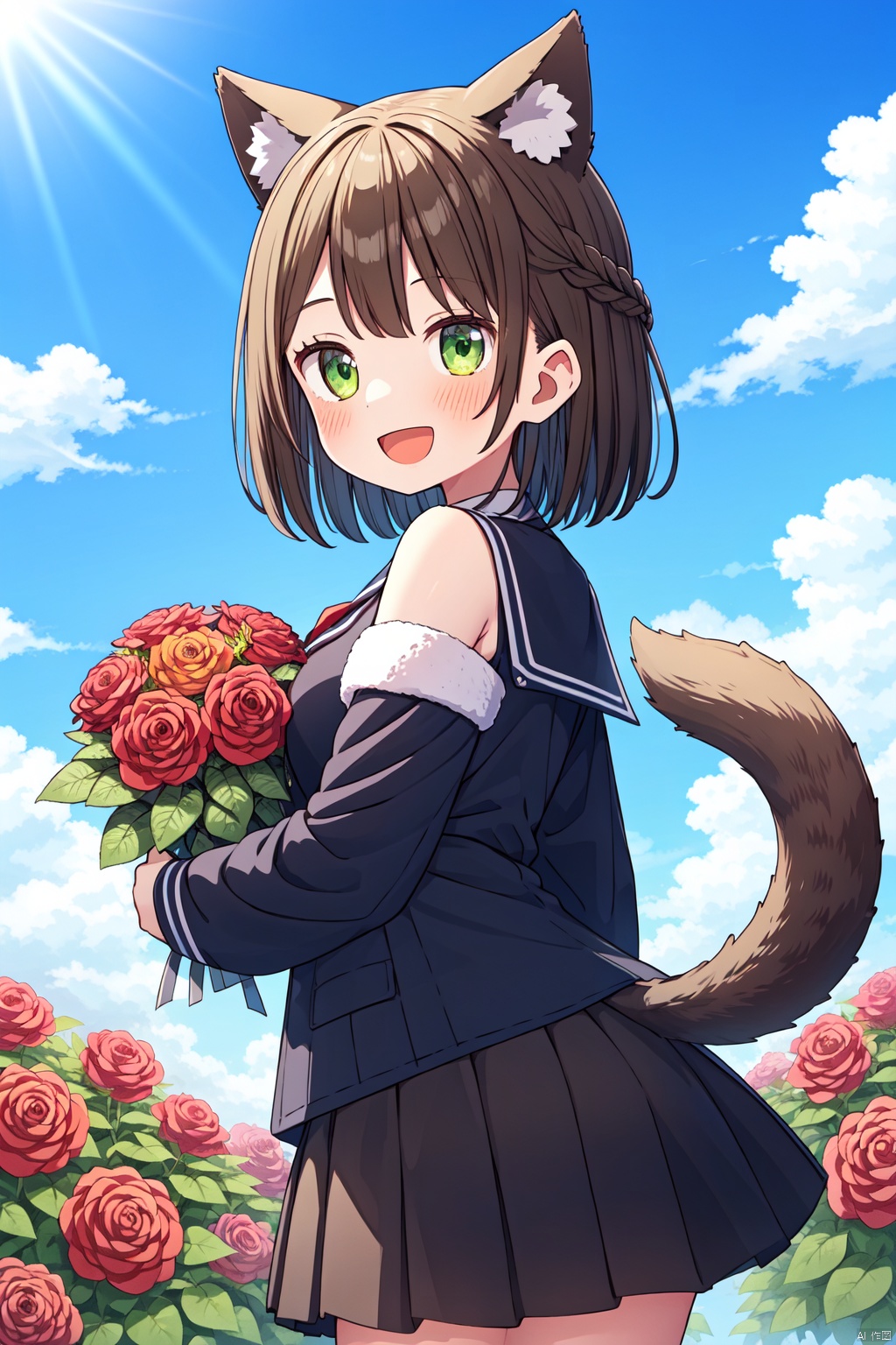 1girl, solo, flower, skirt, bouquet, rose, animal_ears, pleated_skirt, smile, tail, virtual_youtuber, looking_at_viewer, yellow_flower, green_eyes, shirt, white_flower, off_shoulder, holding, long_sleeves, jacket, bangs, holding_bouquet, :d, multicolored_hair, outdoors, white_shirt, brown_hair, hair_ornament, white_rose, looking_to_the_side, hair_flower, sky, puffy_long_sleeves, black_skirt, orange_flower, day, puffy_sleeves, fur_trim, sailor_collar, blue_sky, yellow_rose, brown_skirt, braid, open_mouth, brown_flower, animal_ear_fluff, wide_sleeves, red_flower, brown_jacket, white_hair, fur-trimmed_sleeves, standing, wings, red_rose