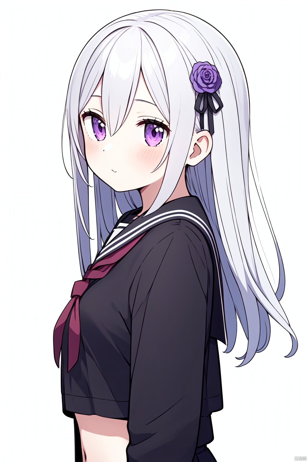 1girl, emilia_\(re:zero\), solo, hair_ornament, hair_flower, flower, bangs, long_hair, hair_ribbon, ribbon, x_hair_ornament, school_uniform, looking_at_viewer, skirt, purple_eyes, black_skirt, white_flower, long_sleeves, serafuku, white_background, blush, simple_background, black_serafuku, white_hair, purple_ribbon, shirt, sailor_collar, black_shirt, black_sailor_collar, closed_mouth, from_side, grey_hair, crop_top, white_rose, alternate_costume, rose, hair_between_eyes, midriff
负向提示