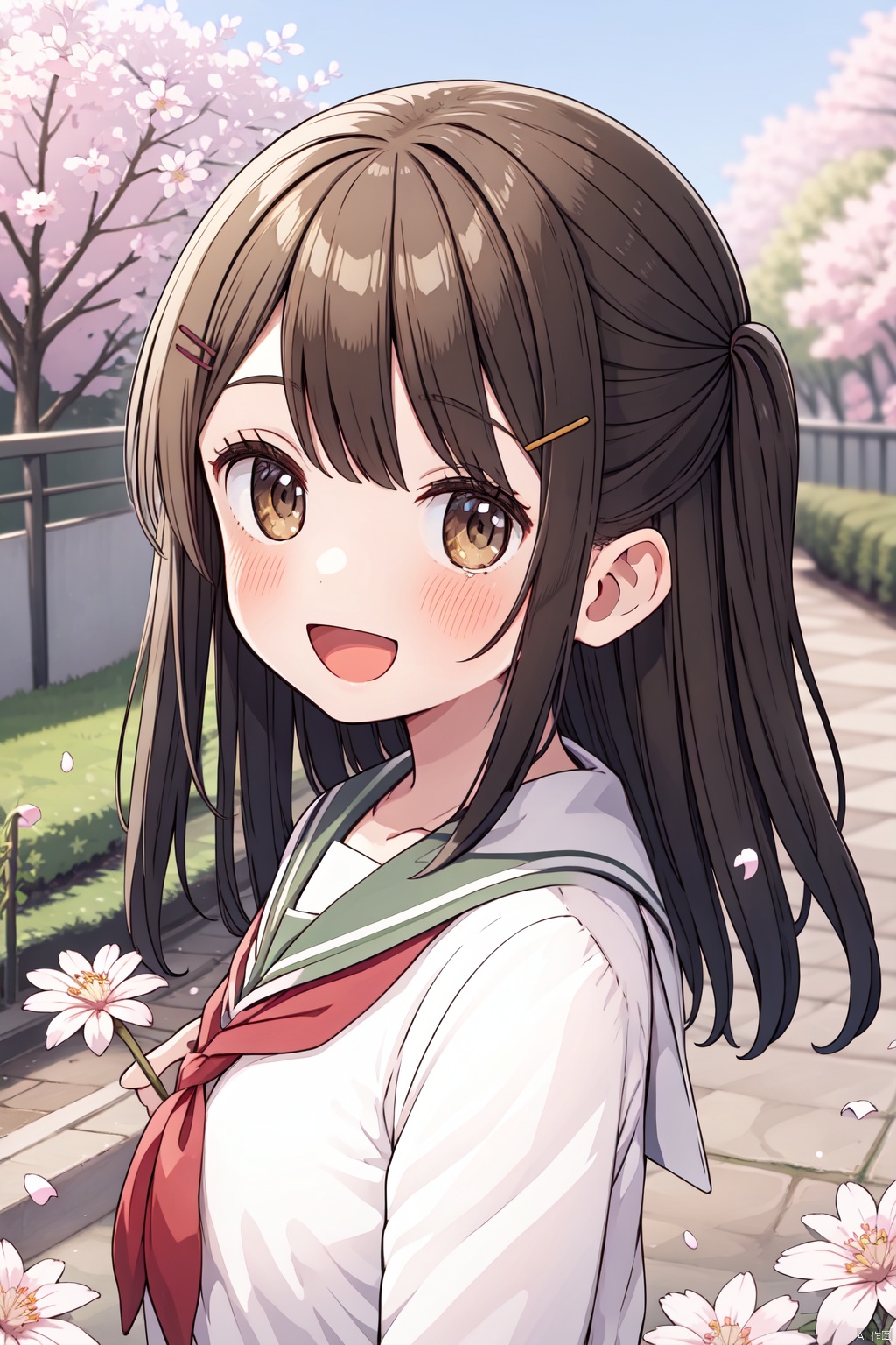 1girl, open_mouth, solo, smile, cherry_blossoms, long_hair, brown_hair, blush, looking_at_viewer, brown_eyes, school_uniform, hair_ornament, serafuku, hairclip, outdoors, tree, sailor_collar, two_side_up, :d, collarbone, day, petals, bangs, white_shirt, blue_sailor_collar, shirt, upper_body