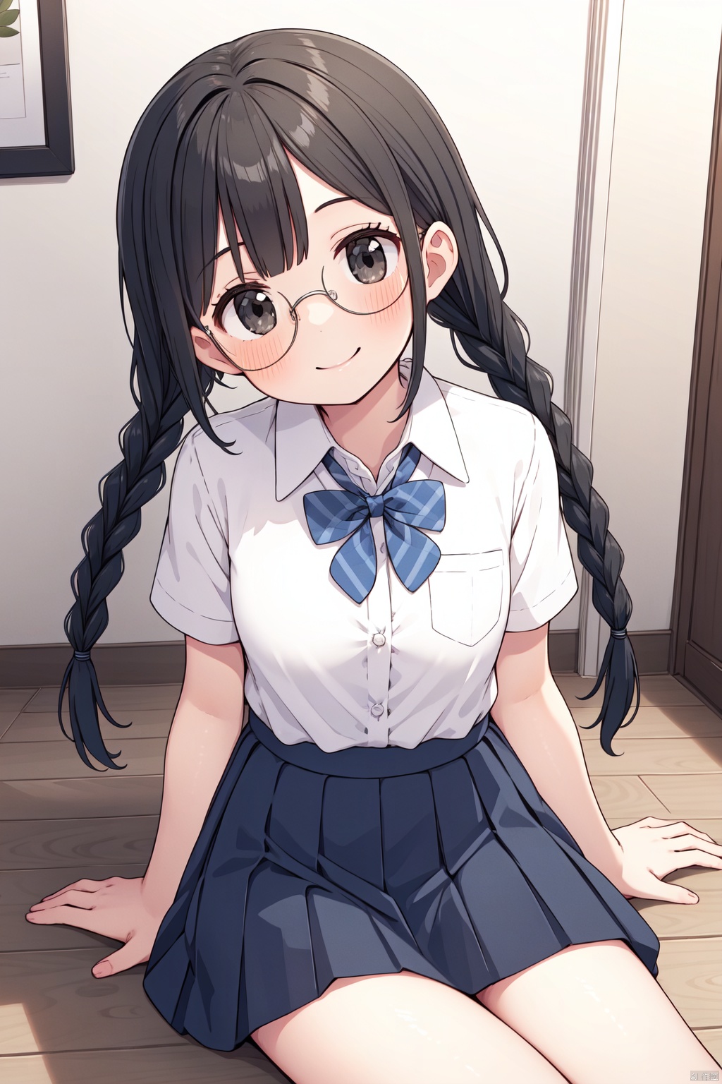 1girl, solo, braid, glasses, twin braids, black hair, sitting, long hair, skirt, bow, shirt, blush, head tilt, short sleeves, looking at viewer, bangs, white skirt, white shirt, school uniform, hair over shoulder, smile, pleated skirt, closed mouth, twintails, black-framed eyewear, indoors, black eyes, collared shirt, bowtie, wooden floor, low twintails, hand between legs, between legs, v arms