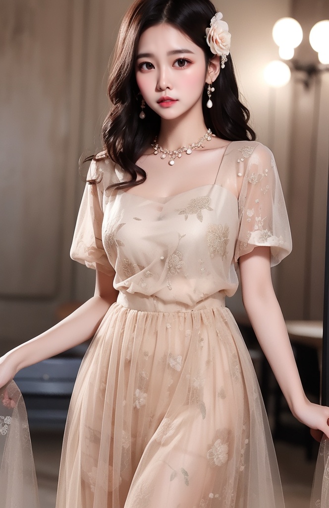 A beautifu lady with curvy shape,  joyful,  wearing (bridesmaid dress) with on Tensor.Art