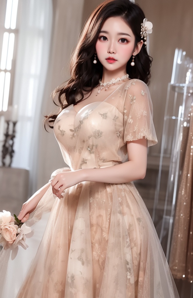 A beautifu lady with curvy shape,  joyful,  wearing (bridesmaid dress) with on Tensor.Art