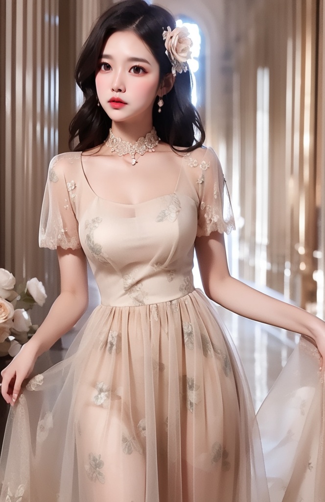 A beautifu lady with curvy shape,  joyful,  wearing (bridesmaid dress) with on Tensor.Art